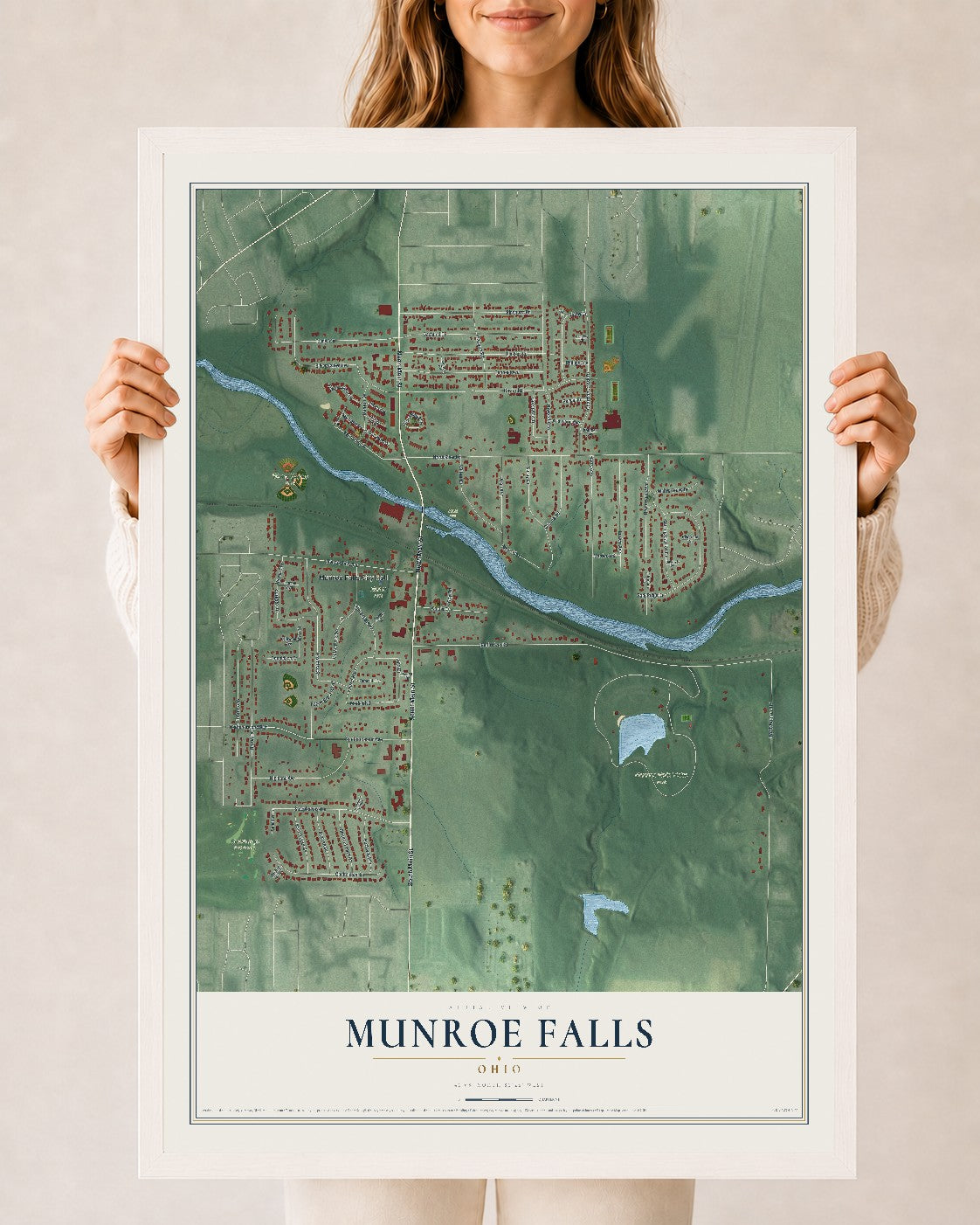 Map of Munroe Falls, Ohio, 24 x 36 inch print in a white wood frame