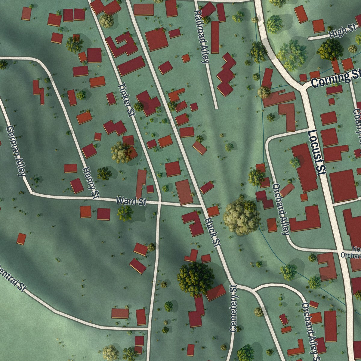 Close-up of the map of Murray City, Ohio print showing street and building detail