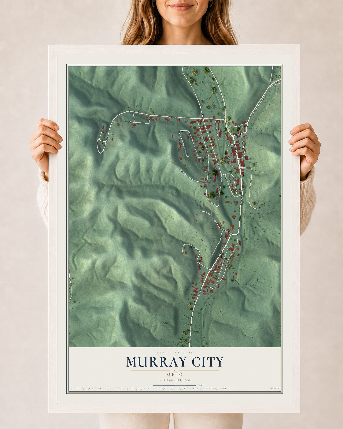 Map of Murray City, Ohio, 24 x 36 inch print in a white wood frame