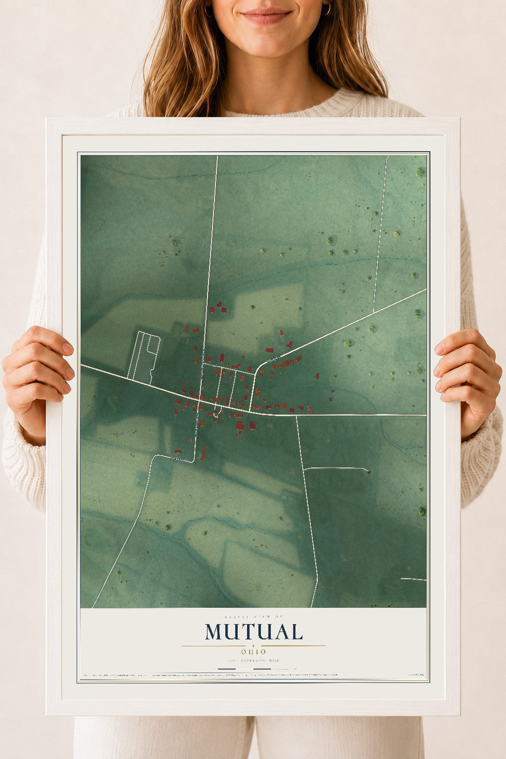 Map of Mutual, Ohio, 18 x 24 inch print in a white wood frame