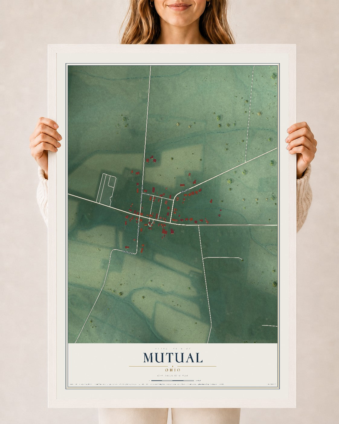 Map of Mutual, Ohio, 24 x 36 inch print in a white wood frame