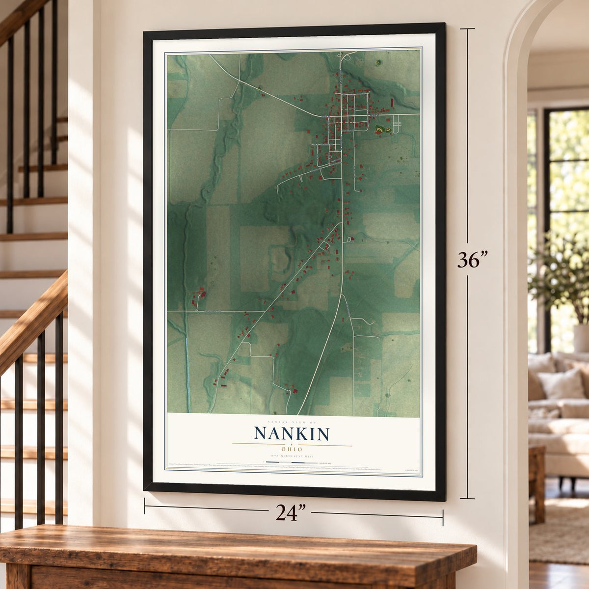 Nankin, Ohio map, 24 x 36 inch print in a black frame by a staircase