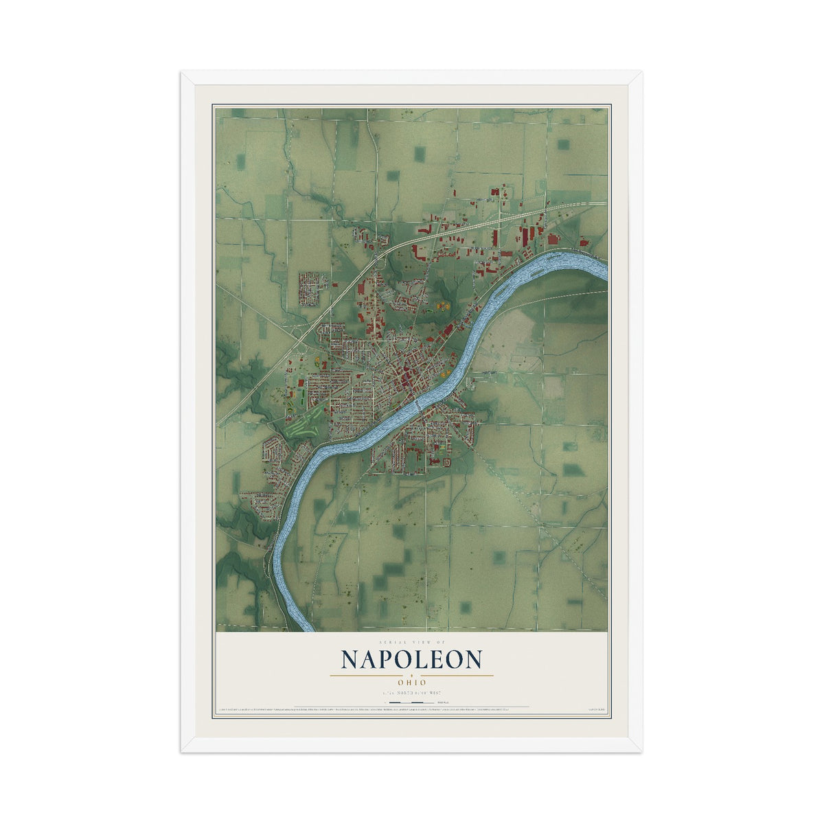 Map of Napoleon, Ohio, 12 x 18 inch print in a white wood frame