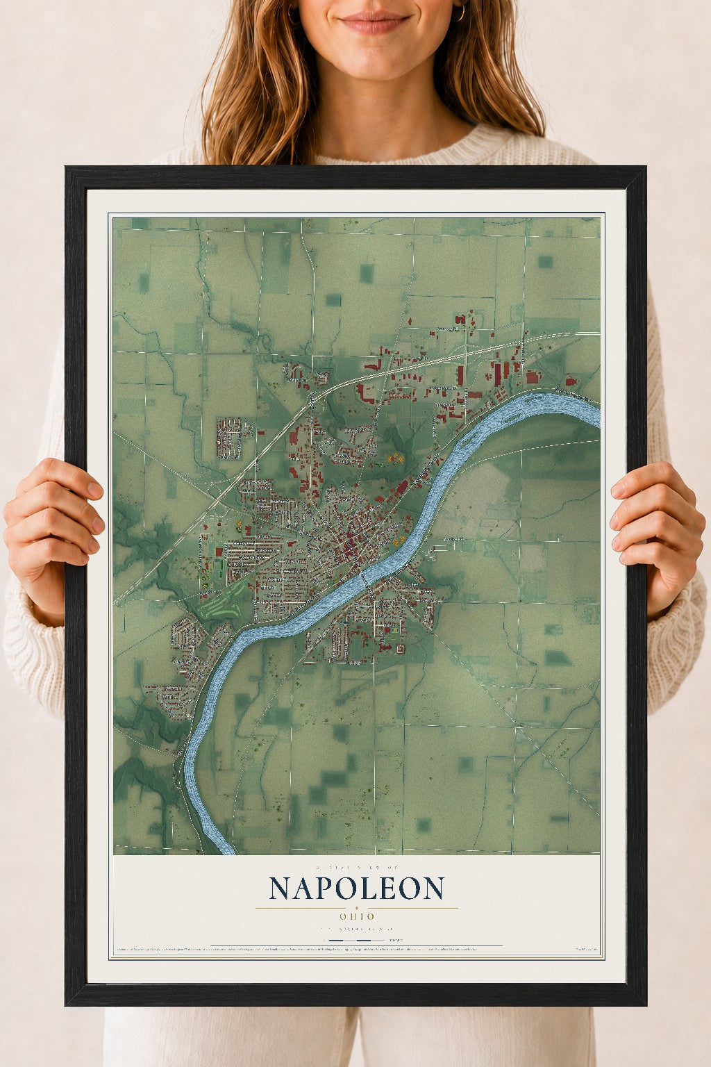 Map of Napoleon, Ohio, 18 x 24 inch print in a black wood frame