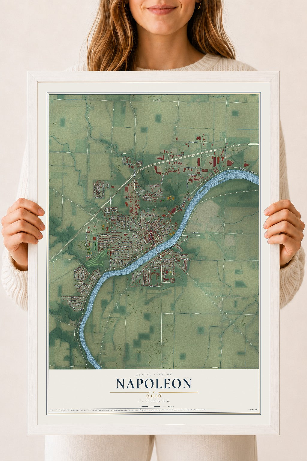 Map of Napoleon, Ohio, 18 x 24 inch print in a white wood frame