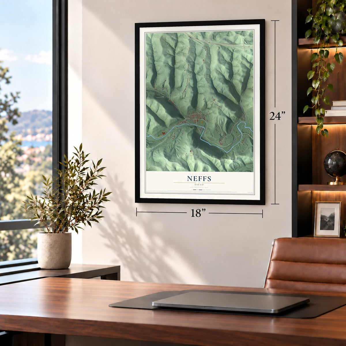 Neffs, Ohio map, 18 x 24 inch print in a black frame in a home office