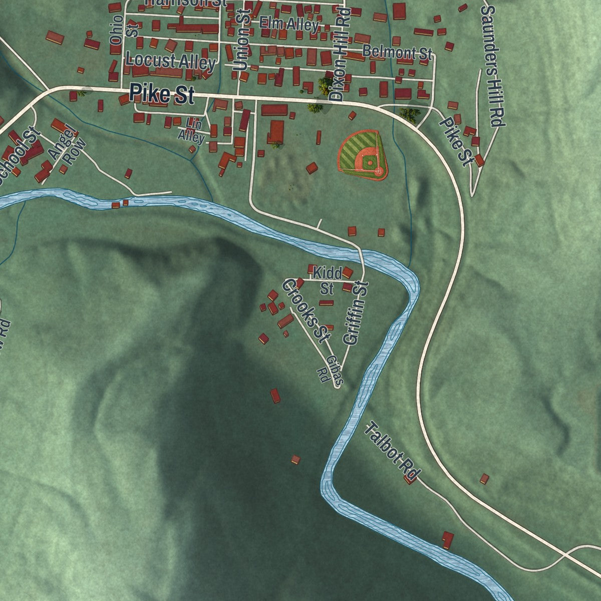Close-up of the map of Neffs, Ohio print showing street and building detail