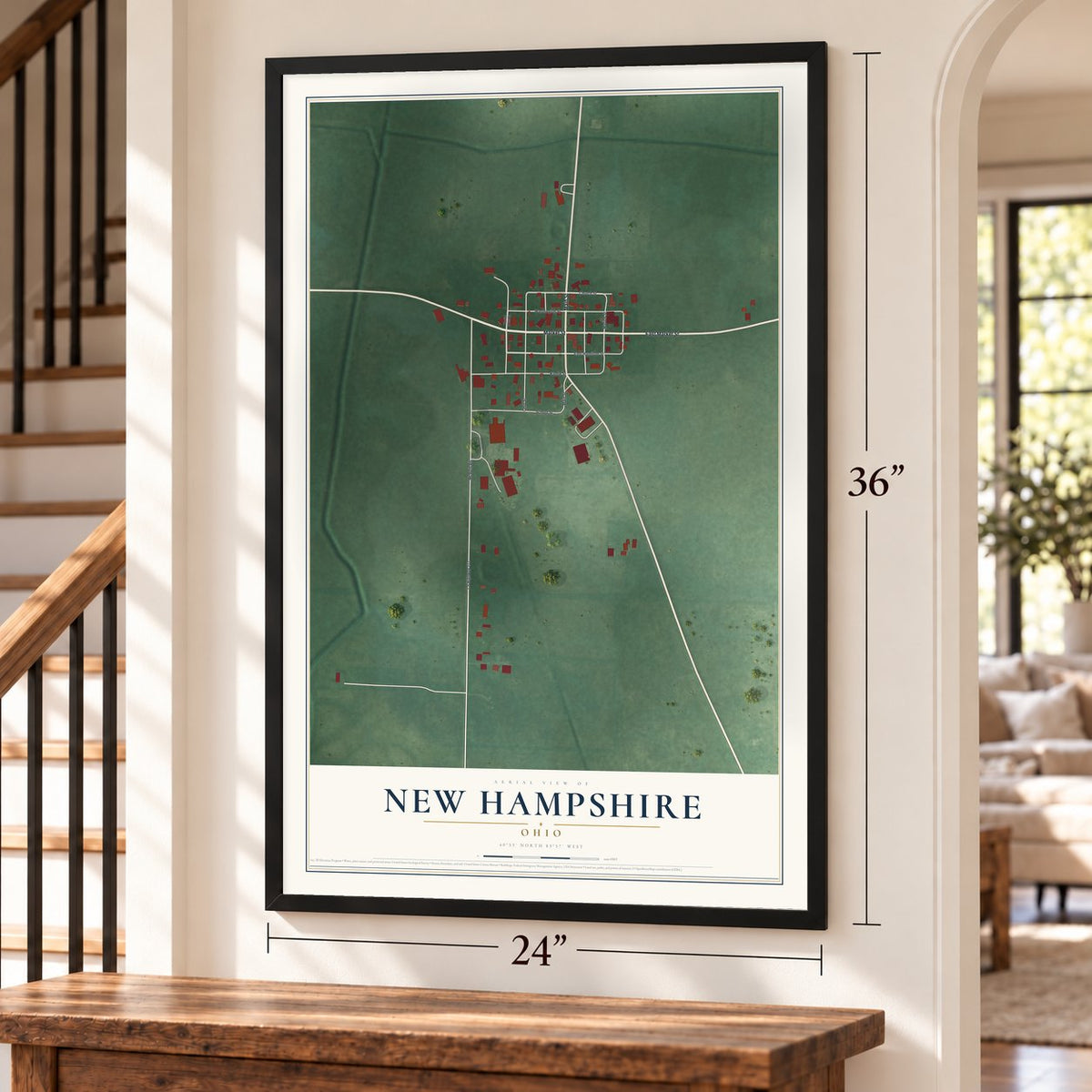 New Hampshire, Ohio map, 24 x 36 inch print in a black frame by a staircase