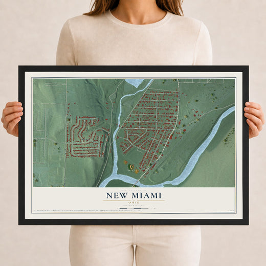 Map of New Miami, Ohio, 12 x 18 inch print in a black wood frame