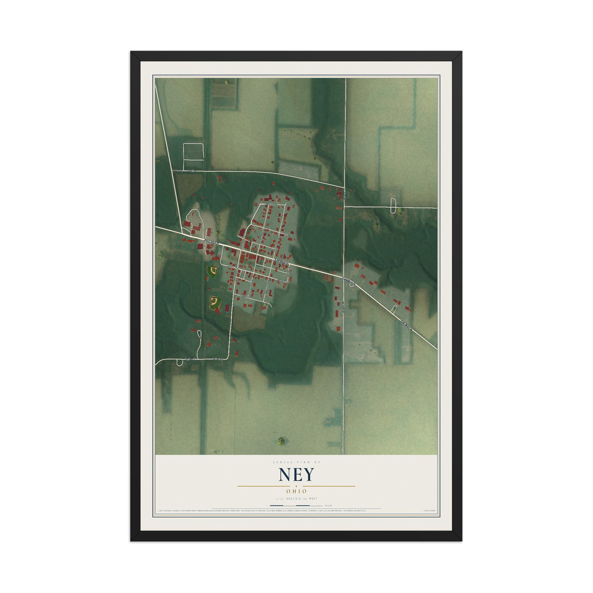 Map of Ney, Ohio, 12 x 18 inch print in a black wood frame