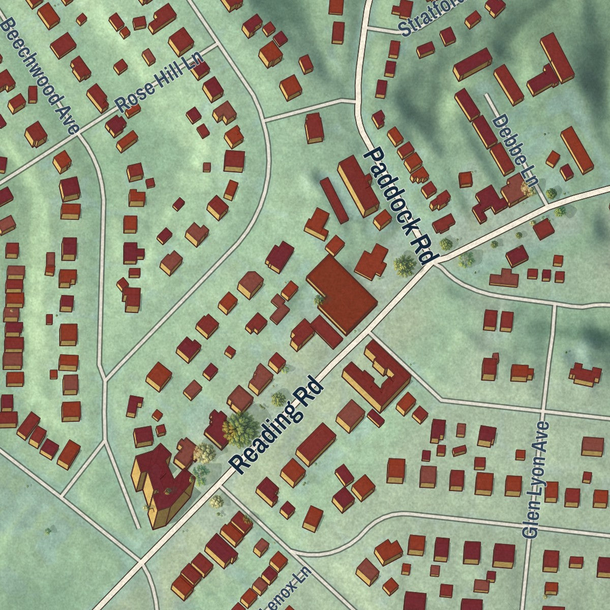 Close-up of the map of North Avondale, Ohio print showing street and building detail