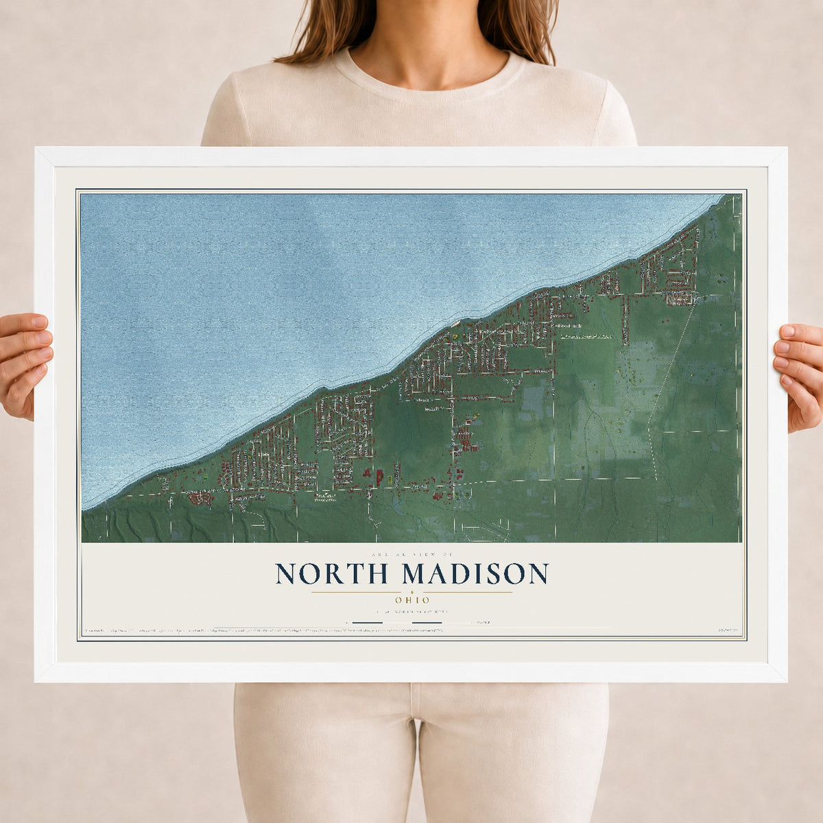 Map of North Madison, Ohio, 18 x 24 inch print in a white wood frame