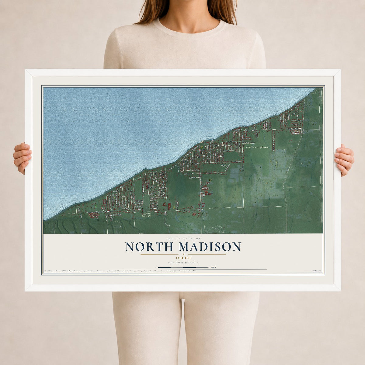 Map of North Madison, Ohio, 24 x 36 inch print in a white wood frame