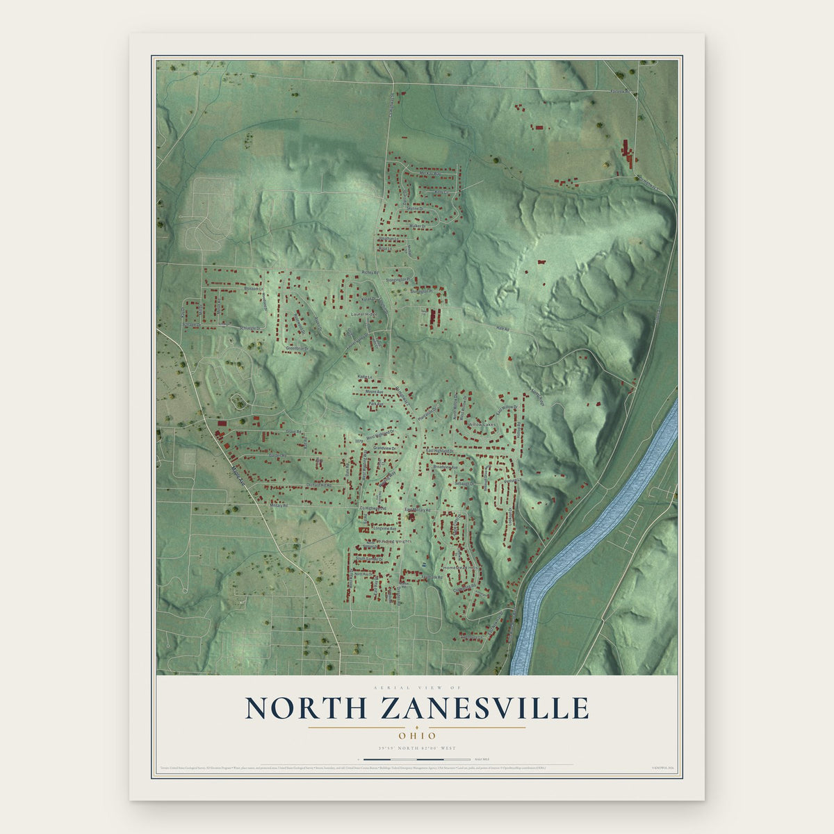 North Zanesville, Ohio map print, the full design