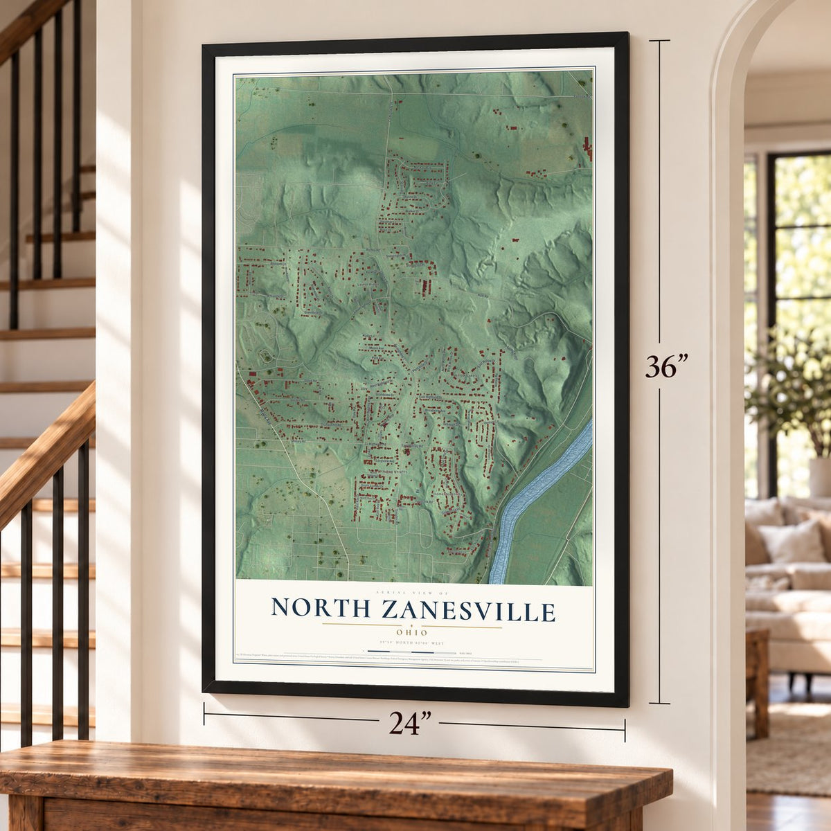 North Zanesville, Ohio map, 24 x 36 inch print in a black frame by a staircase