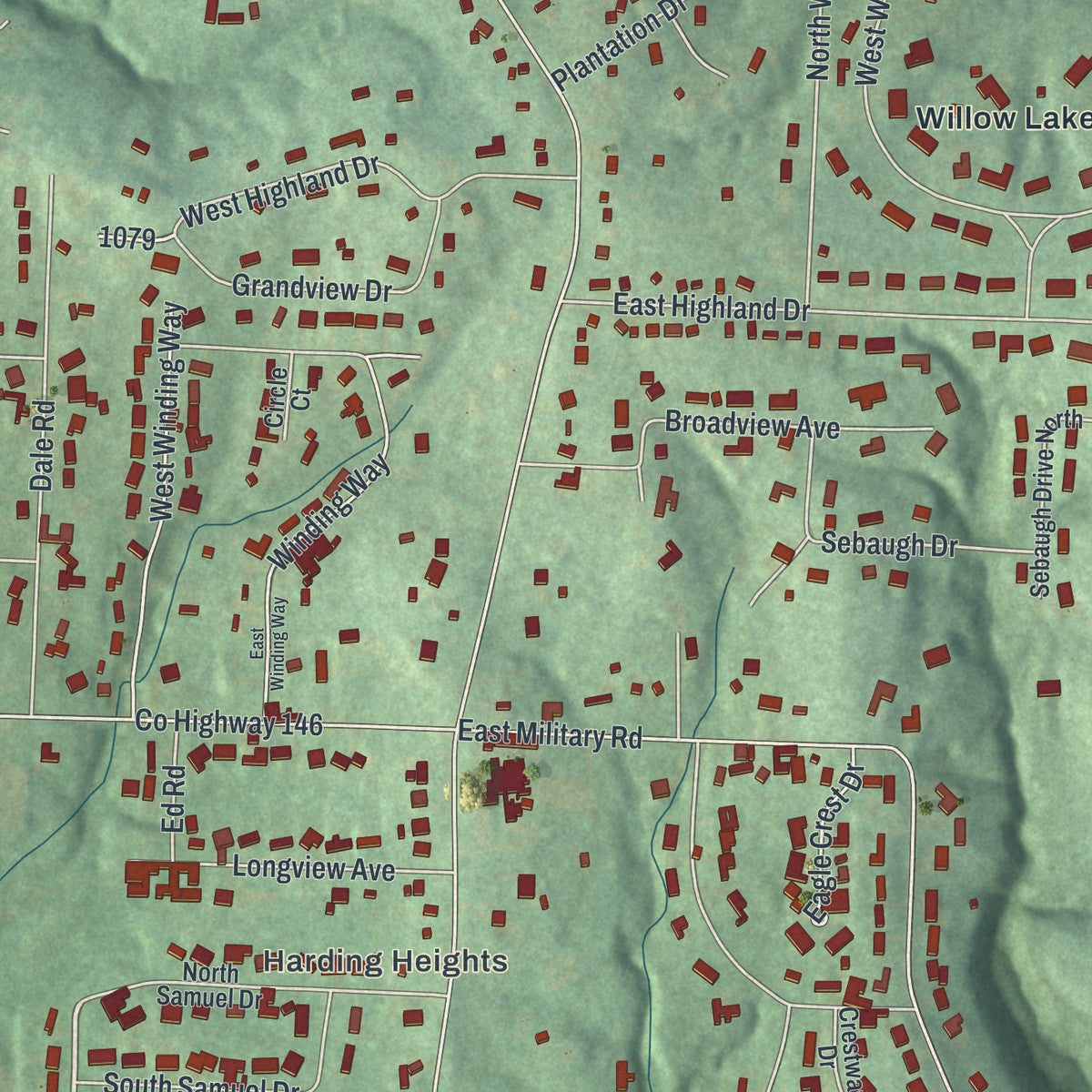 Close-up of the map of North Zanesville, Ohio print showing street and building detail