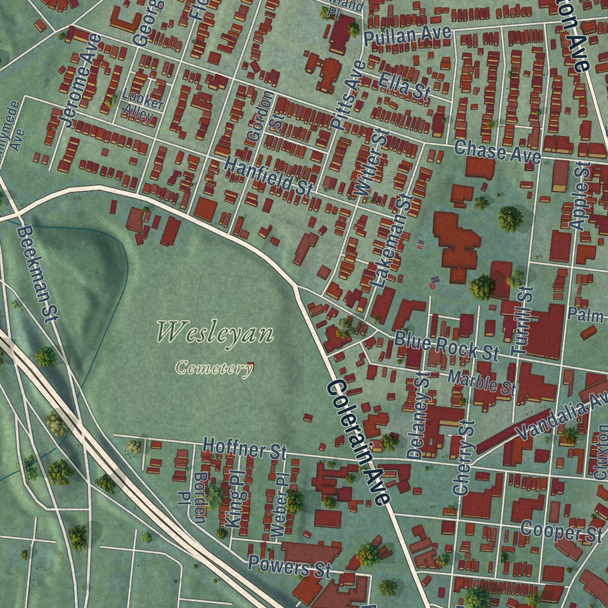 Close-up of the map of Northside, Ohio print showing street and building detail