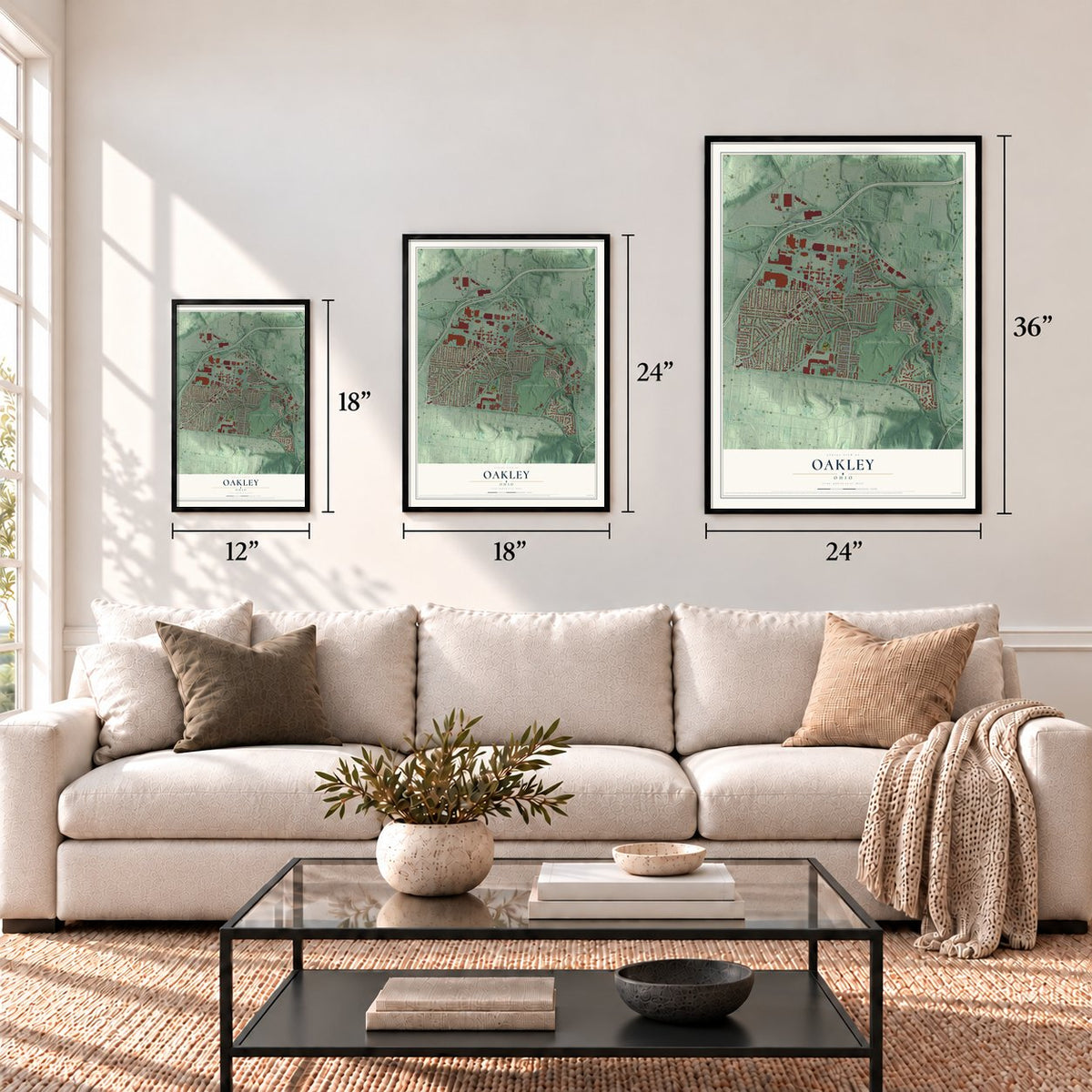 Oakley, Ohio map in 12 x 18, 18 x 24 and 24 x 36 inch sizes above a sofa