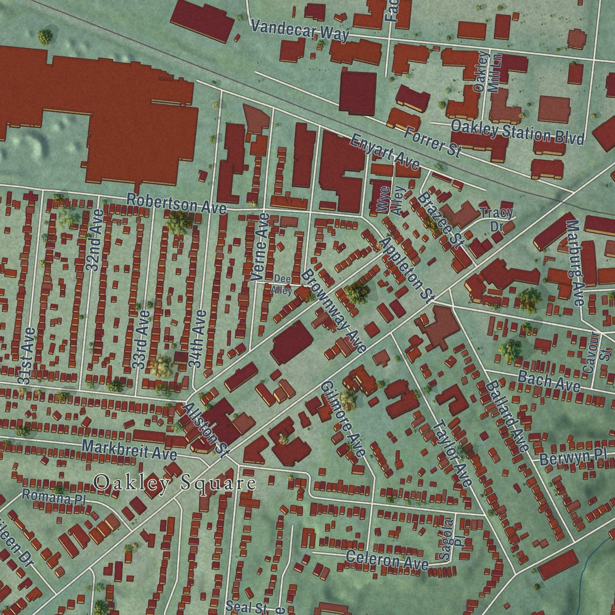 Close-up of the map of Oakley, Ohio print showing street and building detail