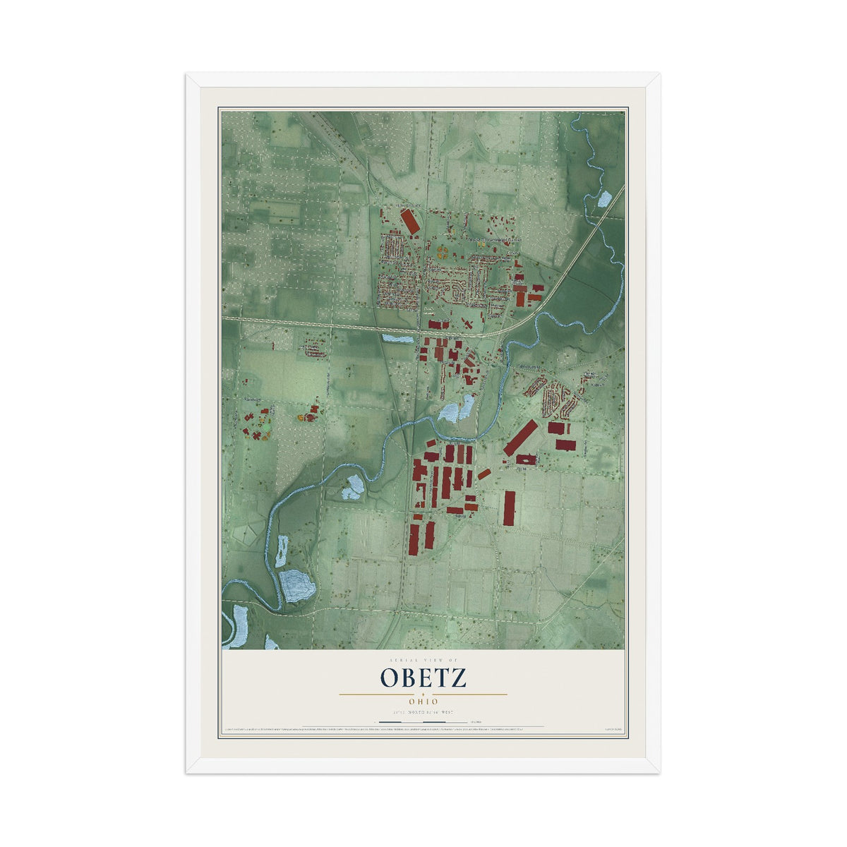 Map of Obetz, Ohio, 12 x 18 inch print in a white wood frame
