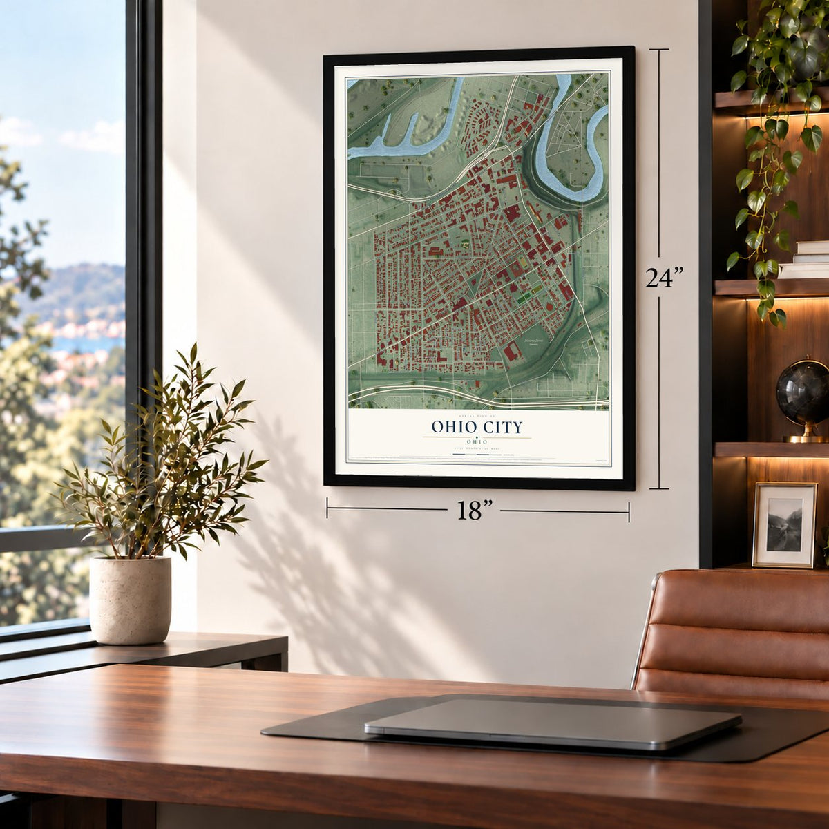 Ohio City, Cleveland, Ohio map, 18 x 24 inch print in a black frame in a home office