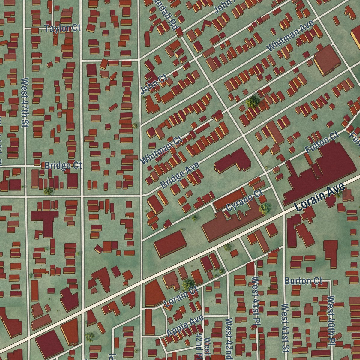 Close-up of the map of Ohio City, Cleveland, Ohio print showing street and building detail