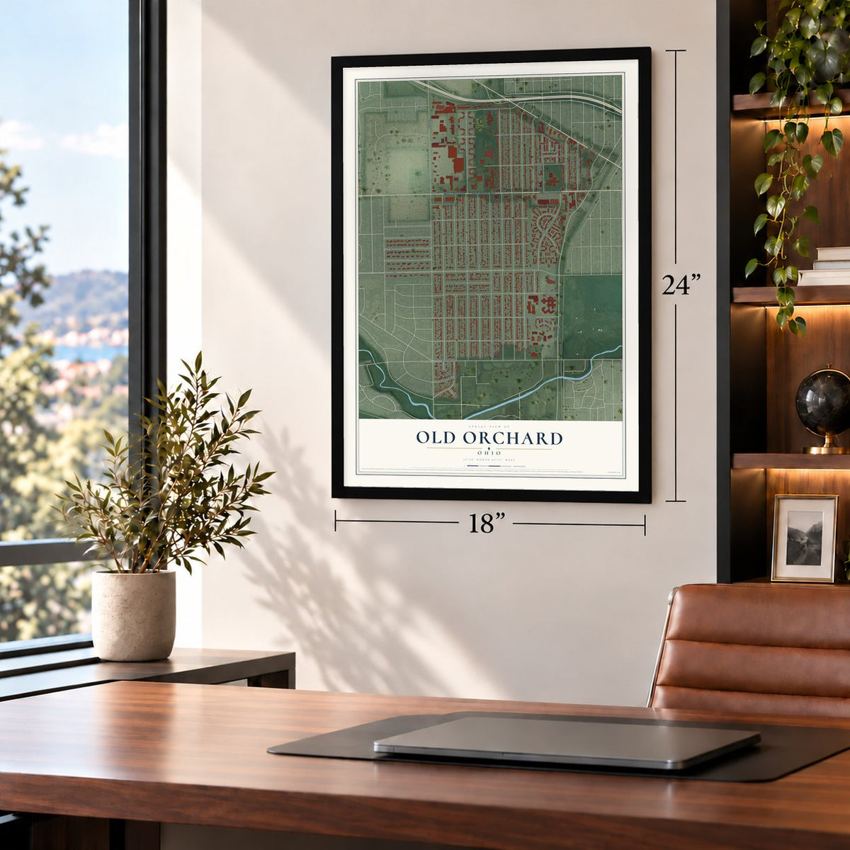 Old Orchard, Ohio map, 18 x 24 inch print in a black frame in a home office