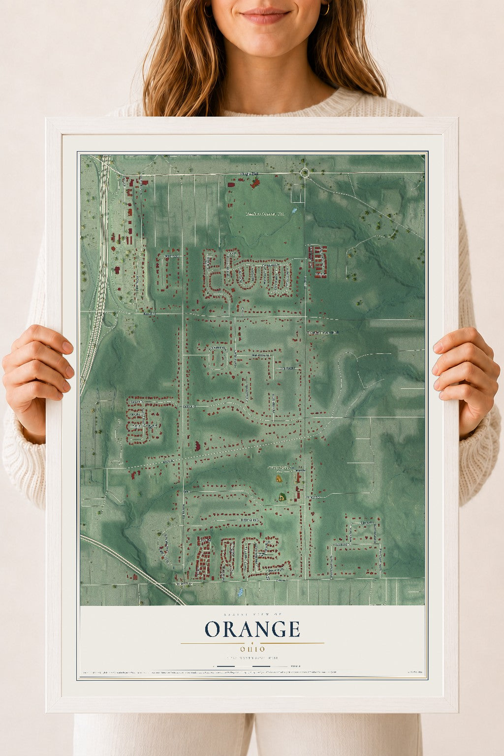 Map of Orange, Ohio, 18 x 24 inch print in a white wood frame