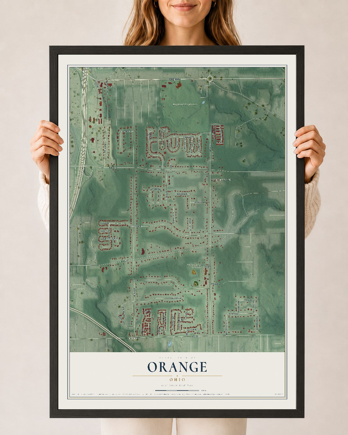 Map of Orange, Ohio, 24 x 36 inch print in a black wood frame
