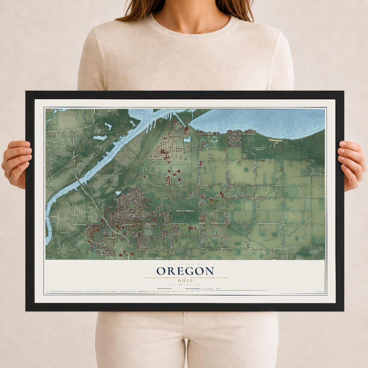 Map of Oregon, Ohio, 12 x 18 inch print in a black wood frame