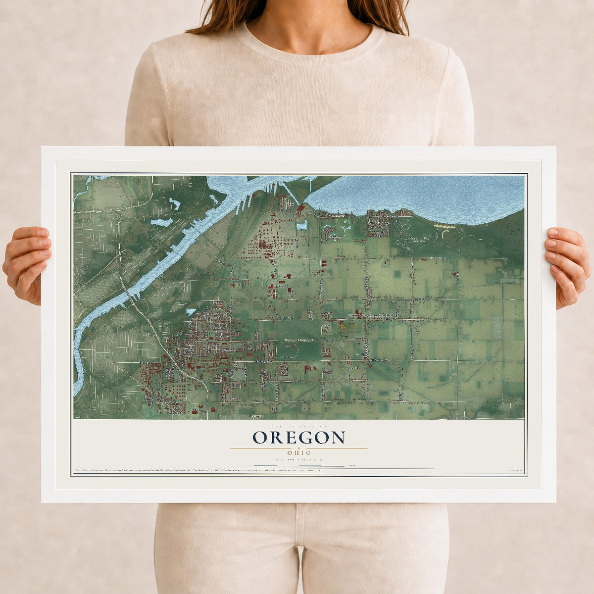 Map of Oregon, Ohio, 12 x 18 inch print in a white wood frame
