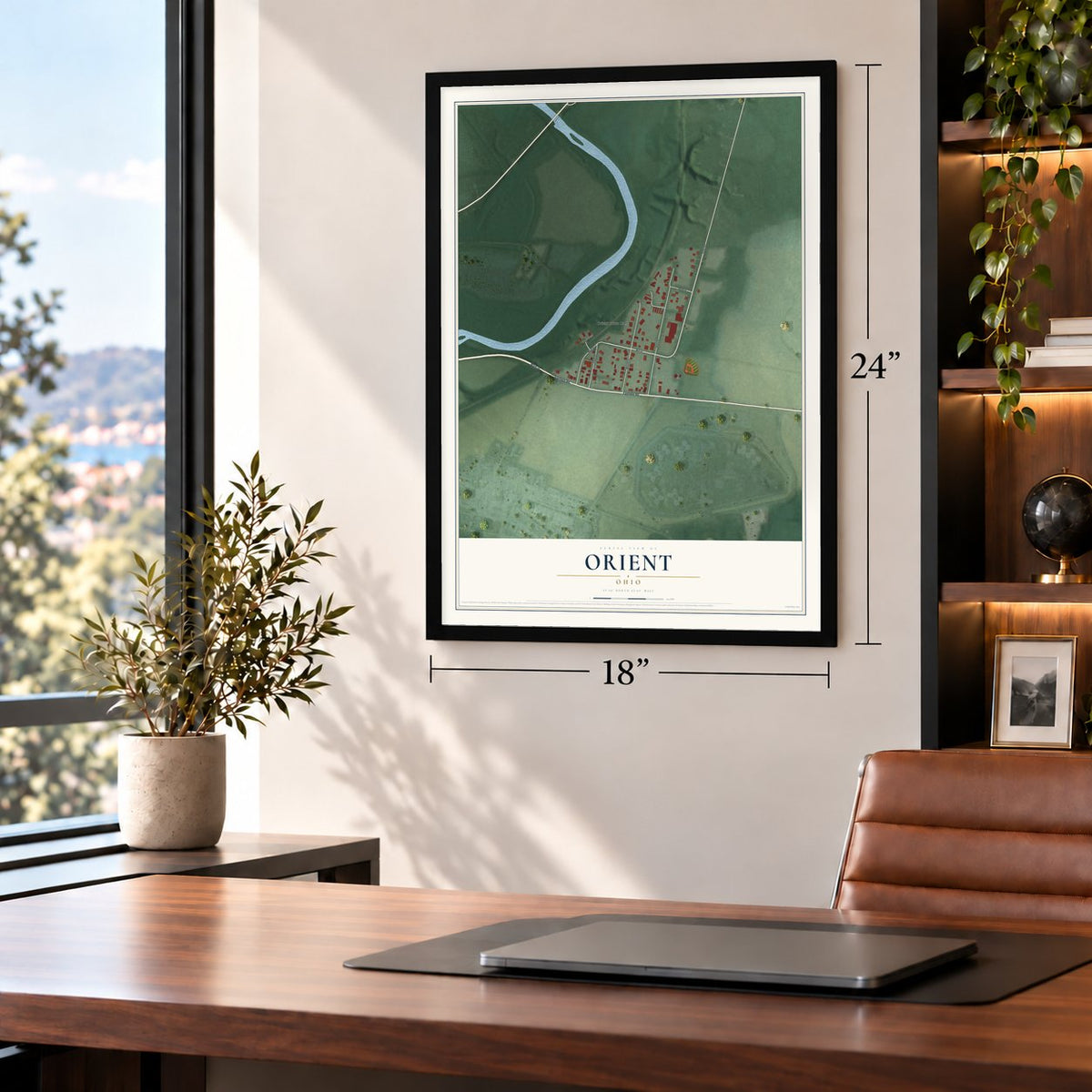 Orient, Ohio map, 18 x 24 inch print in a black frame in a home office