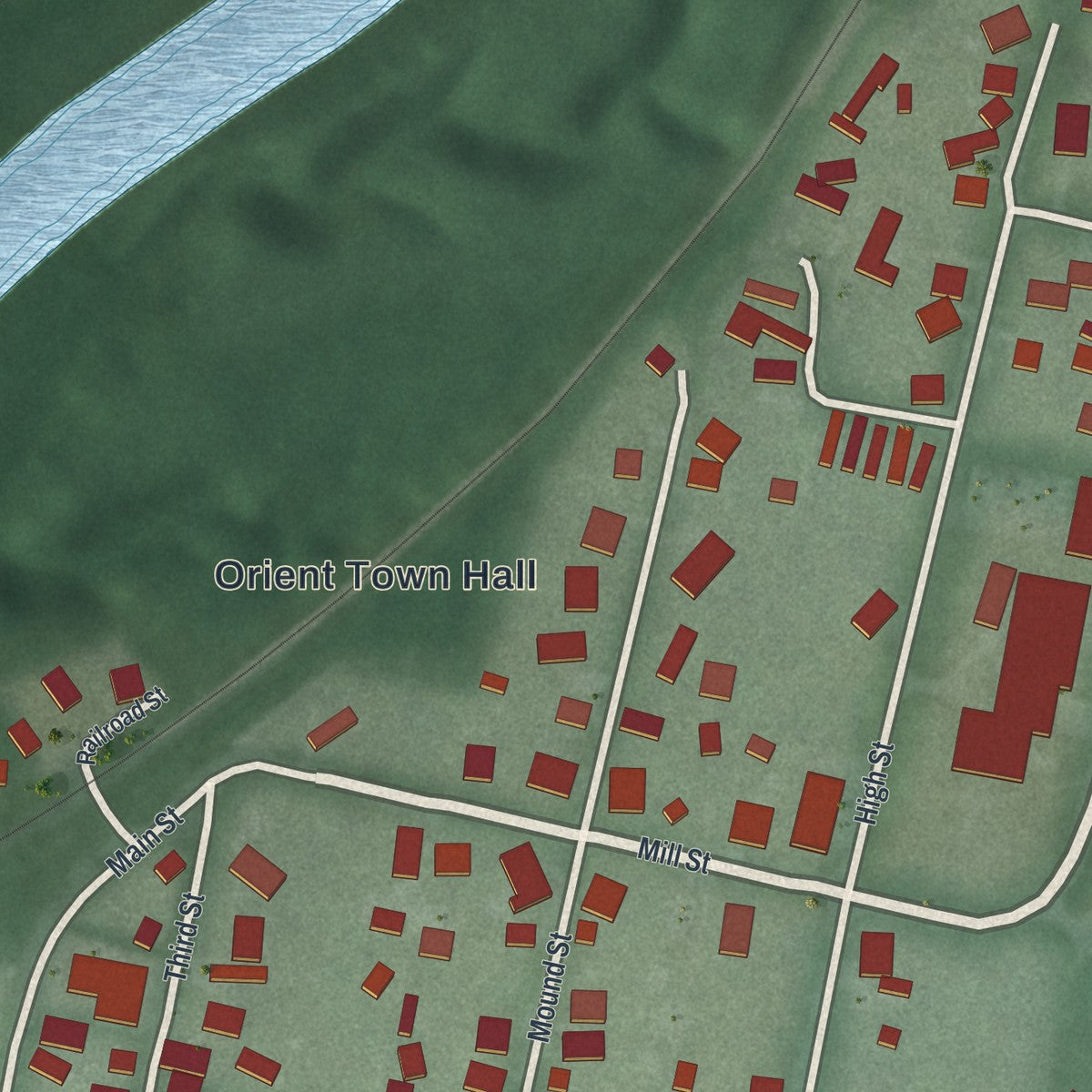 Close-up of the map of Orient, Ohio print showing street and building detail