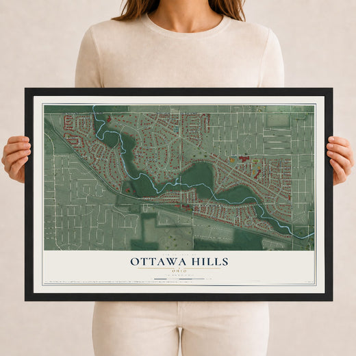 Map of Ottawa Hills, Ohio, 12 x 18 inch print in a black wood frame