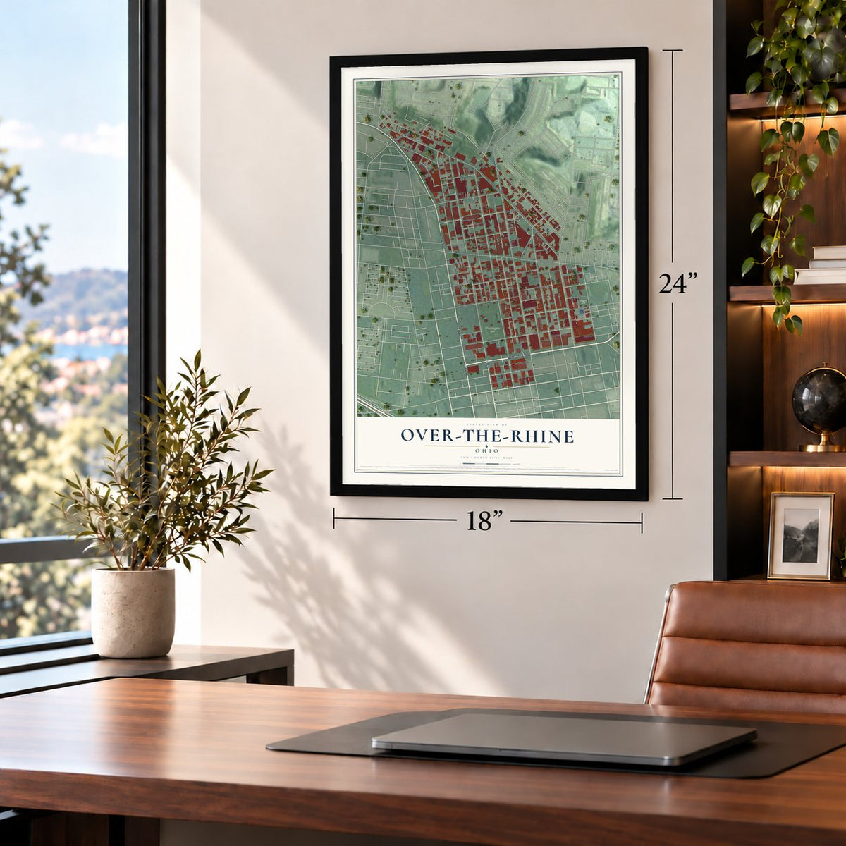 Over-the-Rhine, Ohio map, 18 x 24 inch print in a black frame in a home office