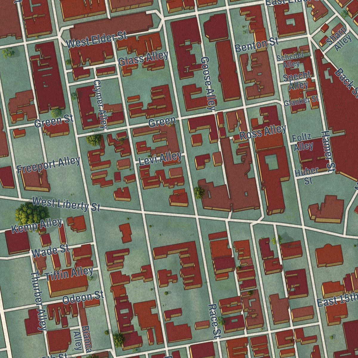 Close-up of the map of Over-the-Rhine, Ohio print showing street and building detail
