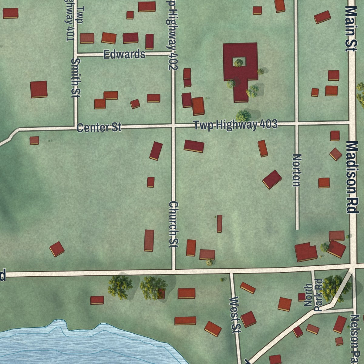 Close-up of the map of Parkman, Ohio print showing street and building detail