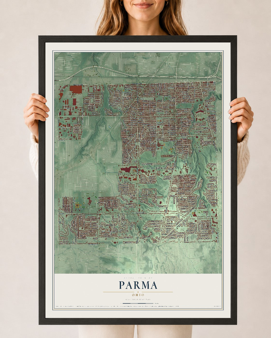 Map of Parma, Ohio, 24 x 36 inch print in a black wood frame