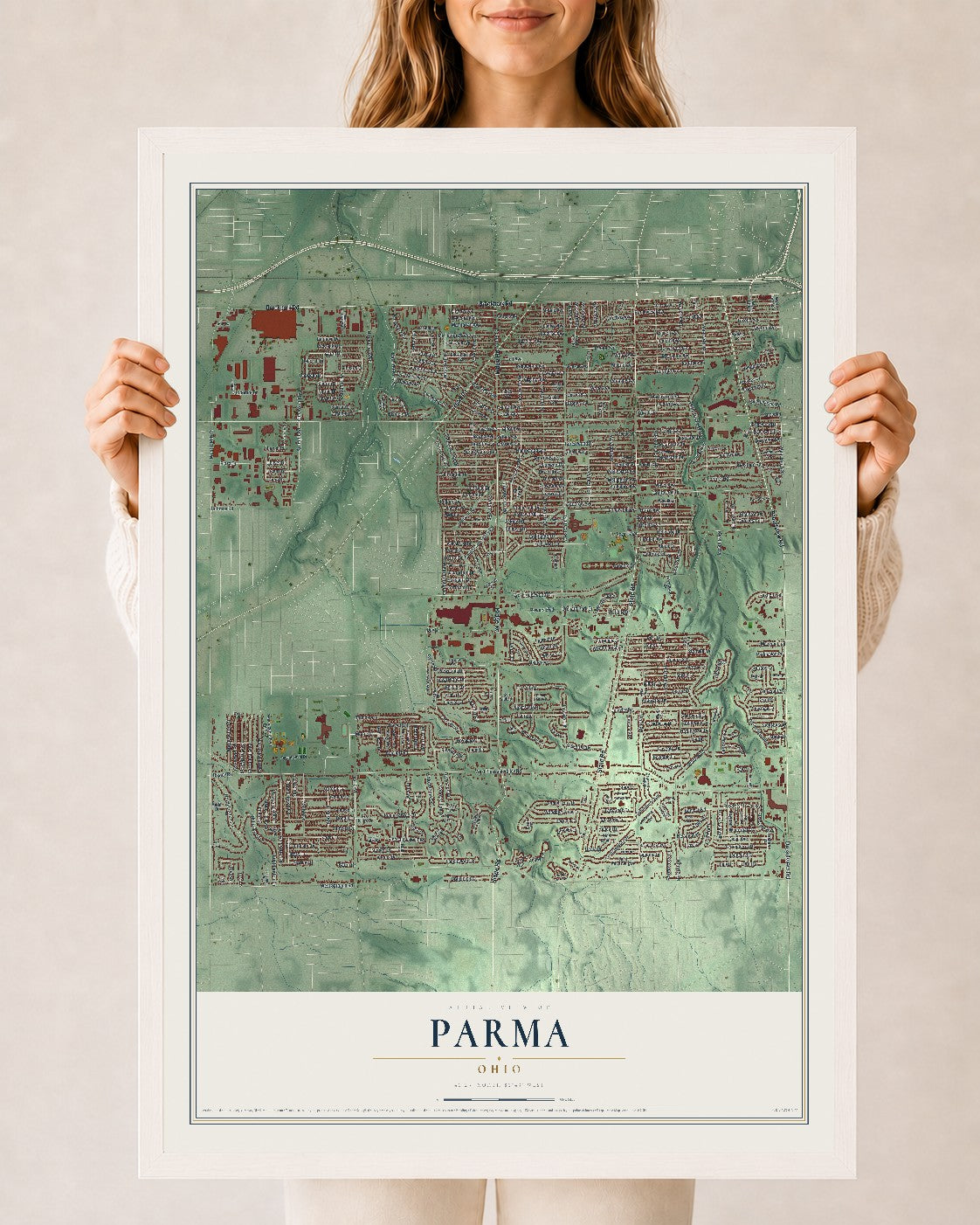 Map of Parma, Ohio, 24 x 36 inch print in a white wood frame