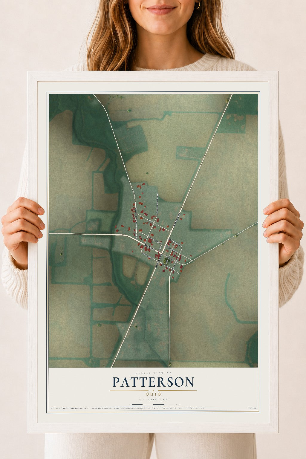 Map of Patterson, Ohio, 18 x 24 inch print in a white wood frame
