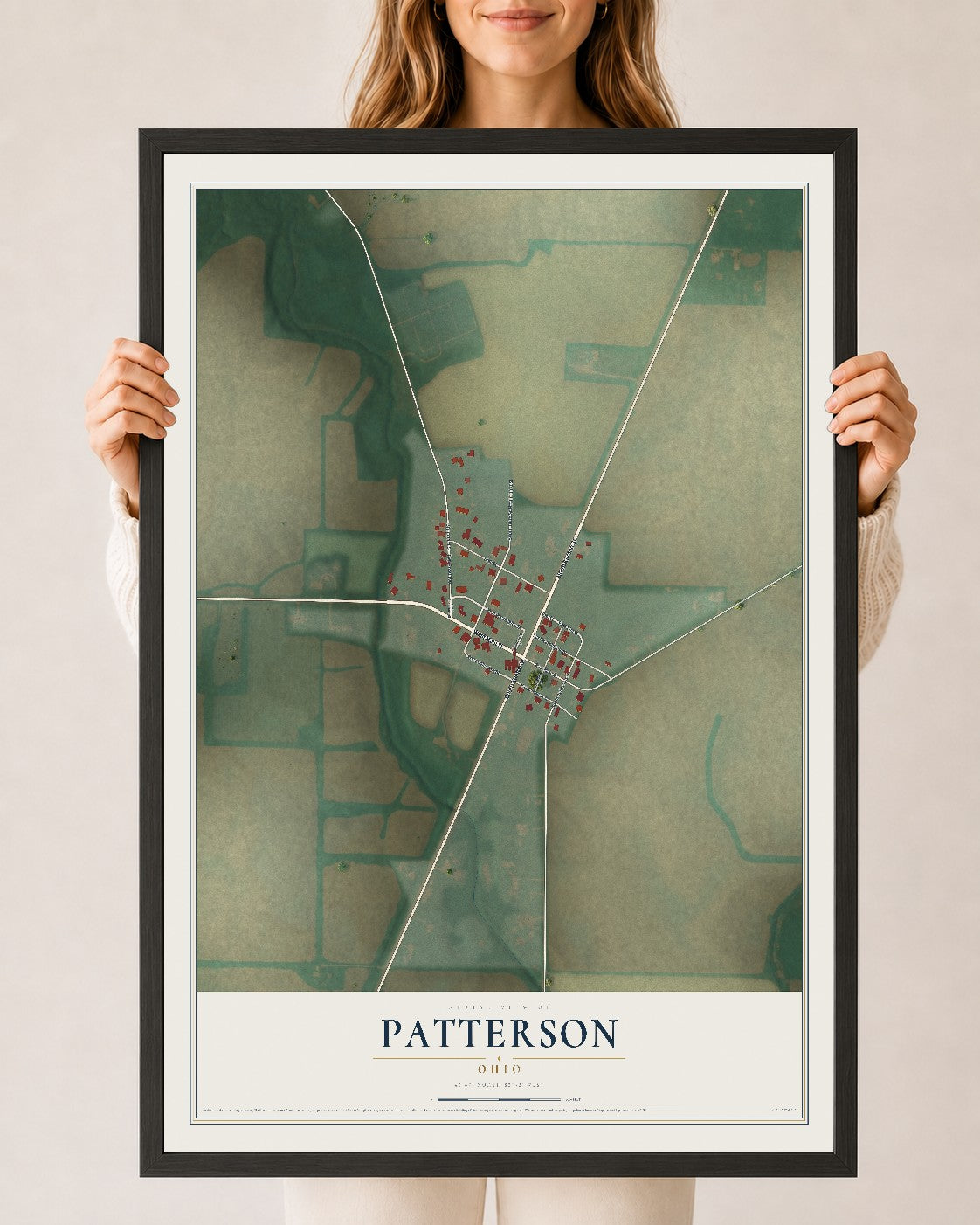 Map of Patterson, Ohio, 24 x 36 inch print in a black wood frame