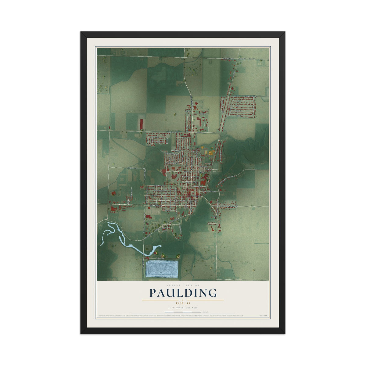 Map of Paulding, Ohio, 12 x 18 inch print in a black wood frame