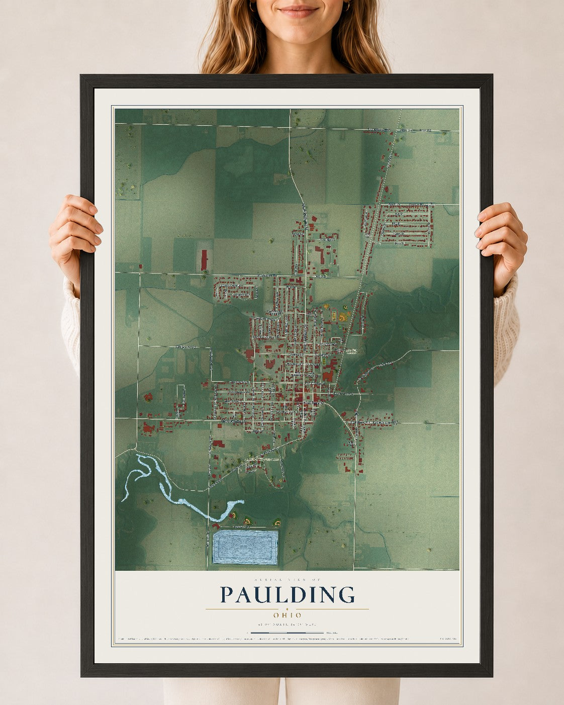 Map of Paulding, Ohio, 24 x 36 inch print in a black wood frame