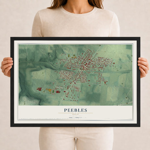 Map of Peebles, Ohio, 12 x 18 inch print in a black wood frame