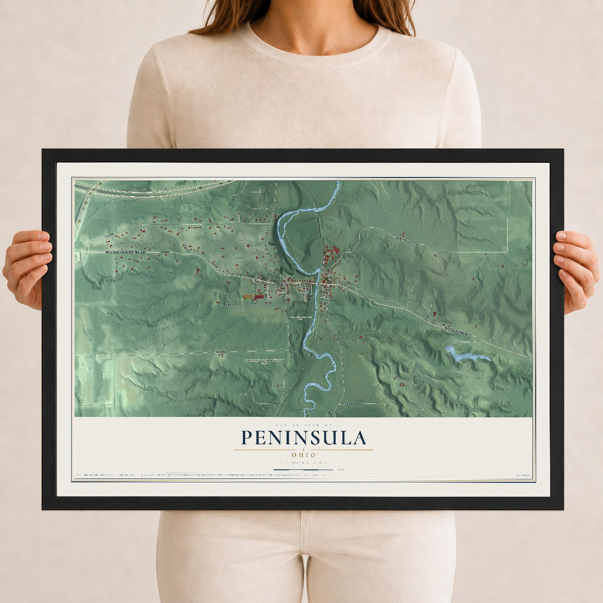 Map of Peninsula, Ohio, 12 x 18 inch print in a black wood frame