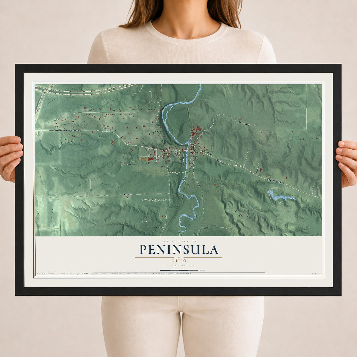 Map of Peninsula, Ohio, 18 x 24 inch print in a black wood frame