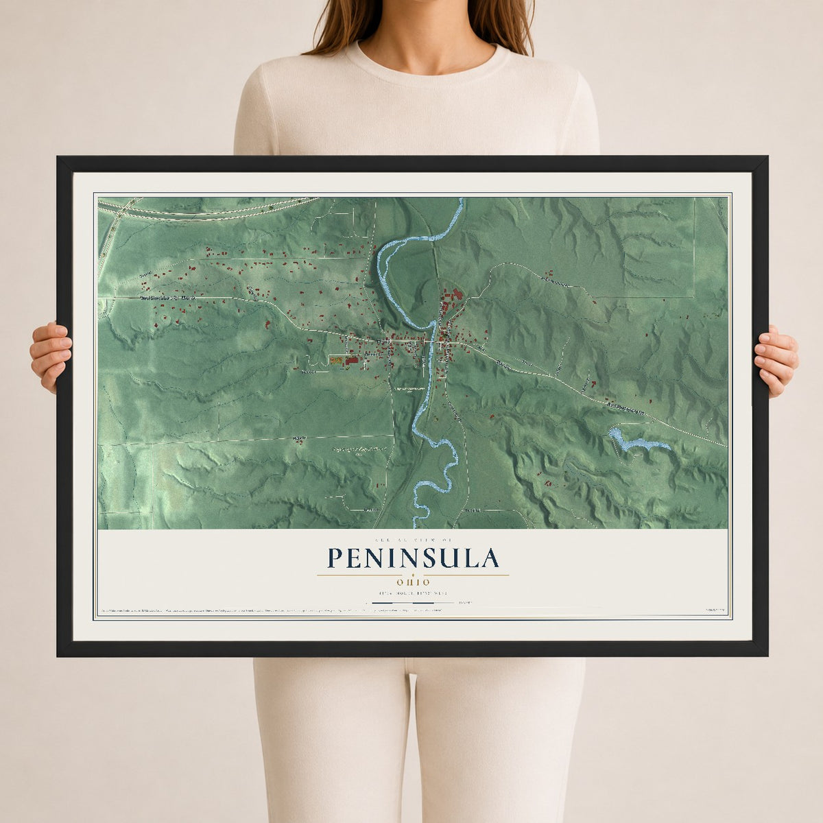 Map of Peninsula, Ohio, 24 x 36 inch print in a black wood frame