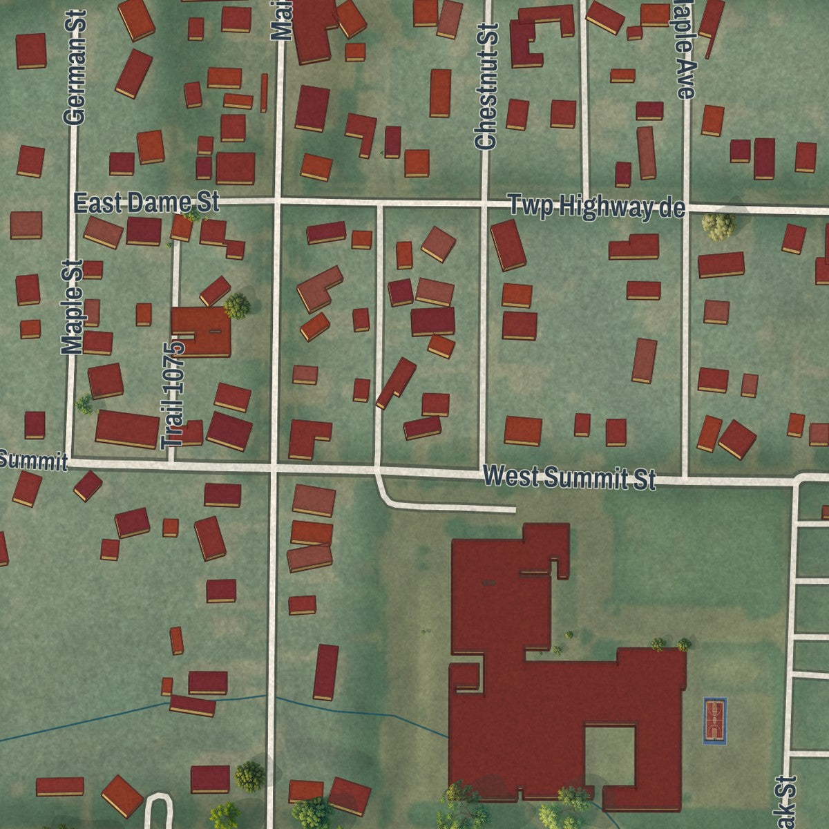 Close-up of the map of Pettisville, Ohio print showing street and building detail