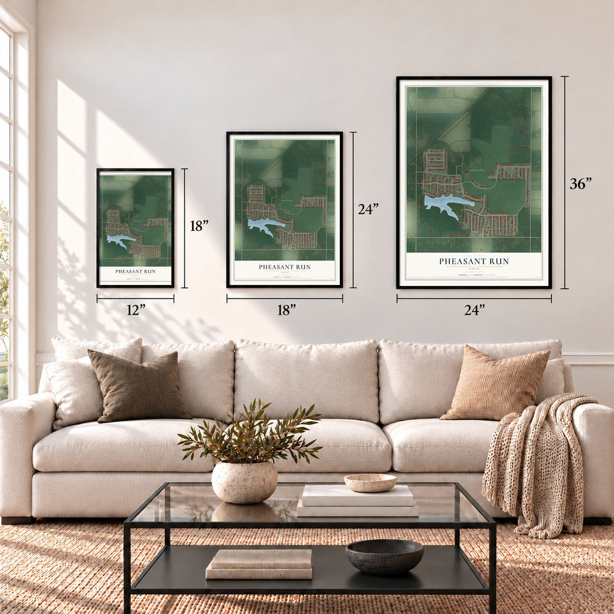 Pheasant Run, Ohio map in 12 x 18, 18 x 24 and 24 x 36 inch sizes above a sofa