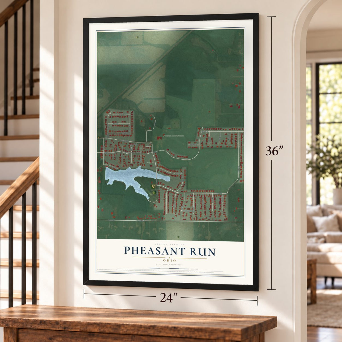 Pheasant Run, Ohio map, 24 x 36 inch print in a black frame by a staircase